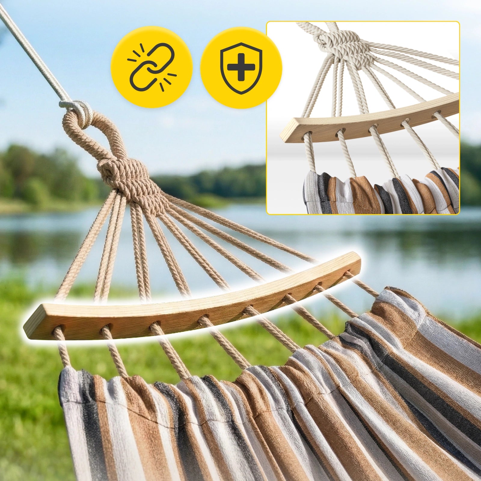 Hamak ogrodowy dwuosobowy z drążkiem 260x150 cm czerwono-żółty