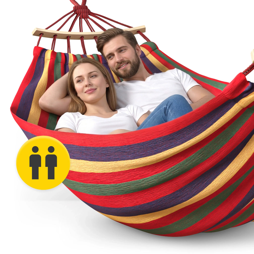Hamak ogrodowy dwuosobowy z drążkiem 260x150 cm czerwono-żółty