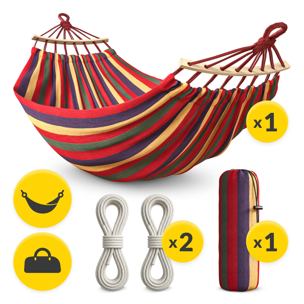 Hamak ogrodowy dwuosobowy z drążkiem 260x150 cm czerwono-żółty