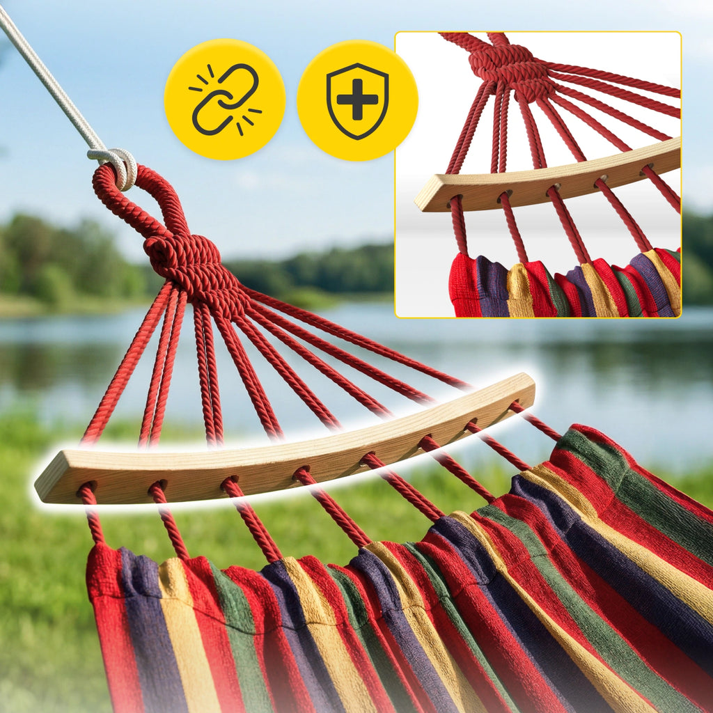Hamak ogrodowy dwuosobowy z drążkiem 260x150 cm czerwono-żółty