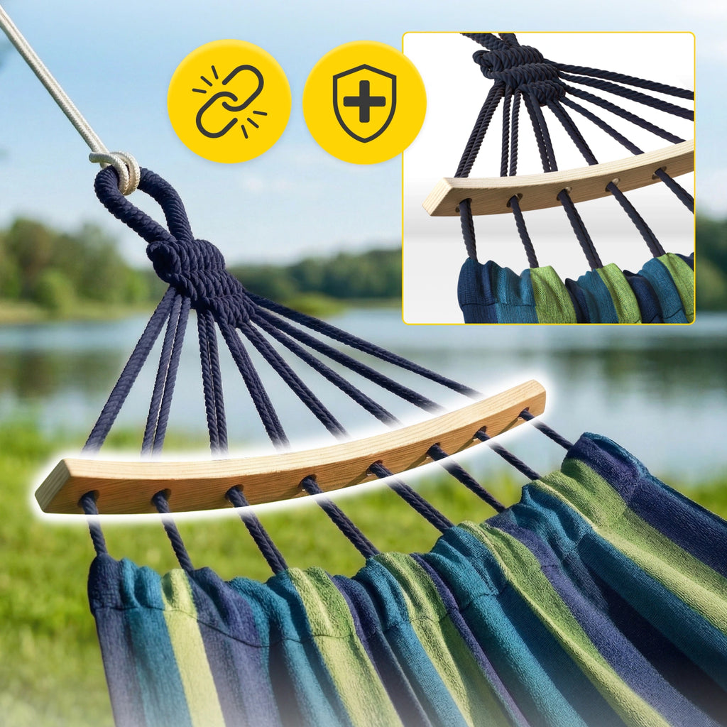 Hamak ogrodowy dwuosobowy z drążkiem 260x150 cm czerwono-żółty