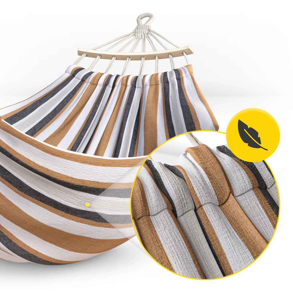 Hamak ogrodowy dwuosobowy z drążkiem 260x150 cm czerwono-żółty