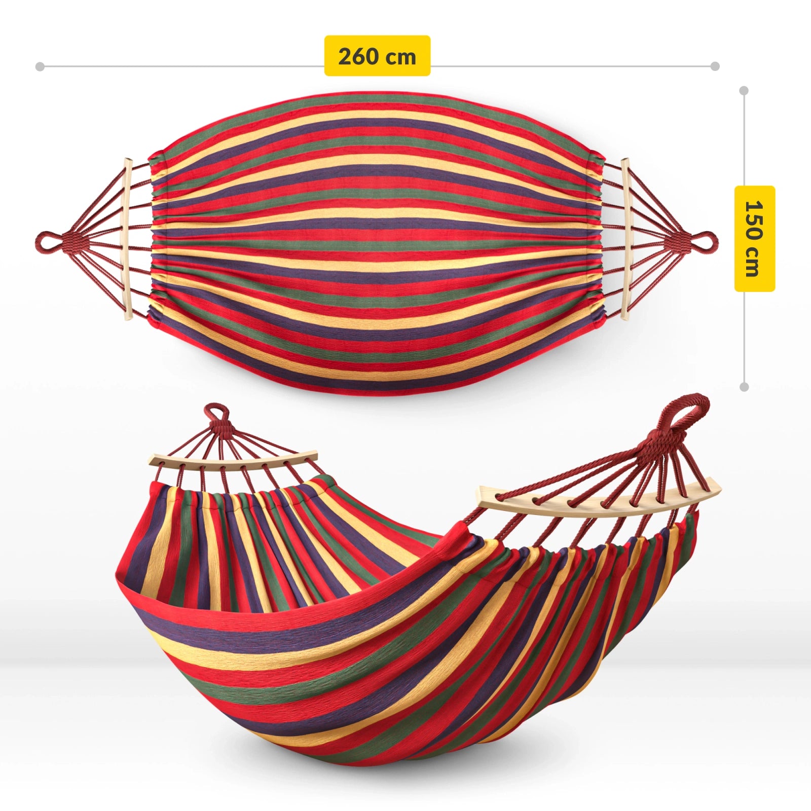 Hamak ogrodowy dwuosobowy z drążkiem 260x150 cm czerwono-żółty