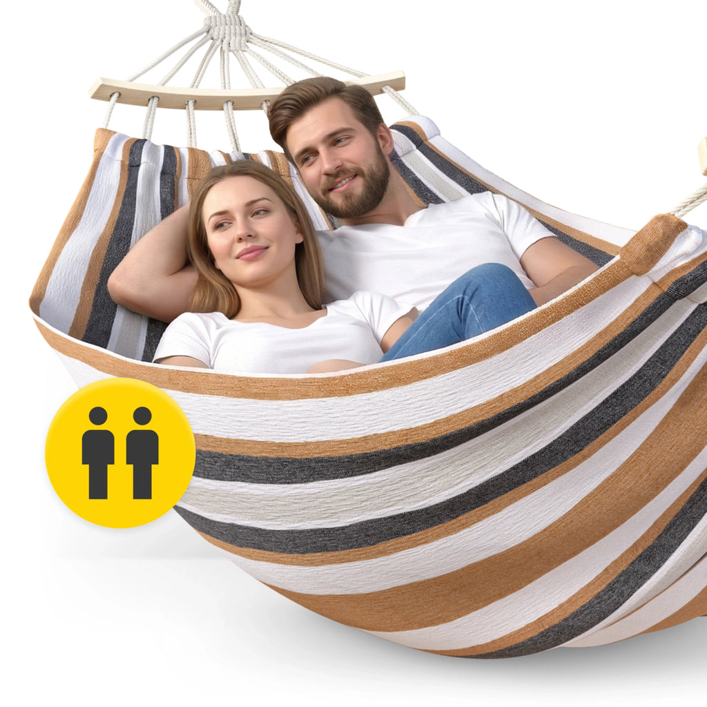Hamak ogrodowy dwuosobowy z drążkiem 260x150 cm czerwono-żółty